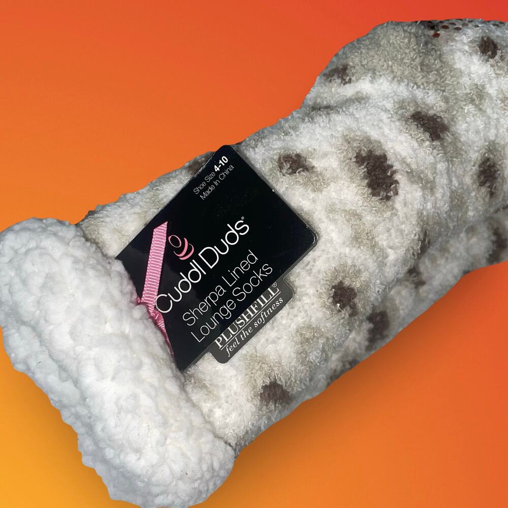 Cuddl Duds Sherpa Lined Lounge Socks Cream Brown Leopard Spot Slipper 4-10